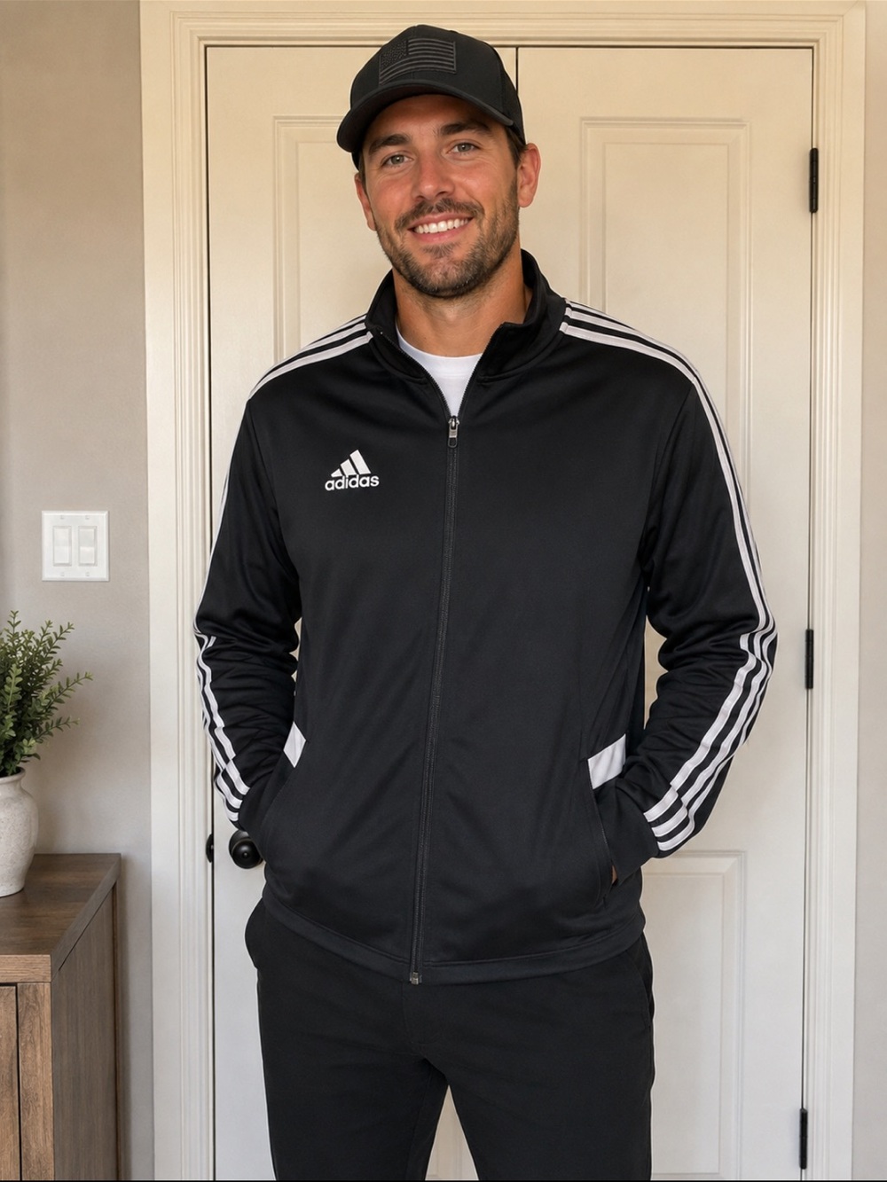 adidas Black Track Jacket with White Stripe Accents